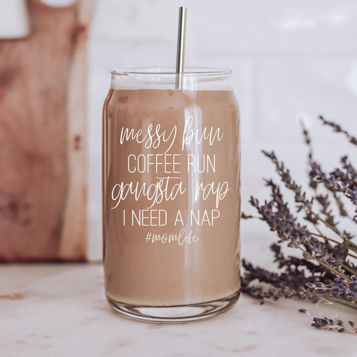 Messy Bun Glass Tumbler 17oz Bamboo Lid Straws Funny Mom Cheeky Gift for Friends