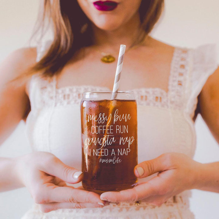 Messy Bun Glass Tumbler 17oz Bamboo Lid Straws Funny Mom Cheeky Gift for Friends