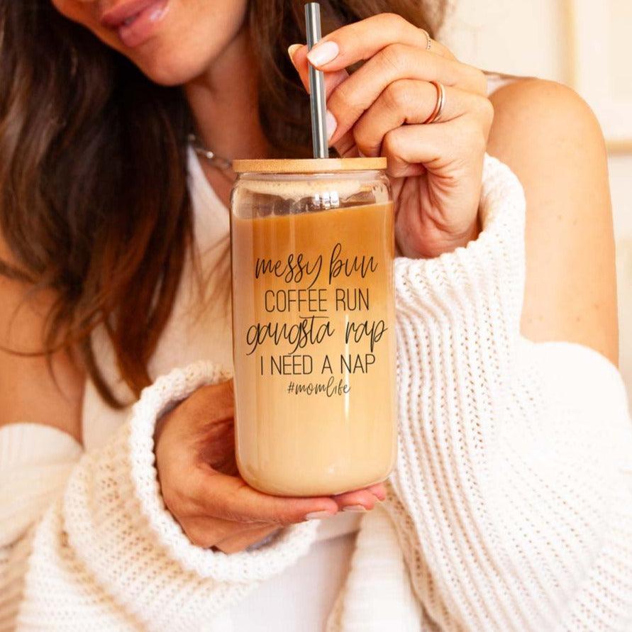Messy Bun Glass Tumbler 17oz Bamboo Lid Straws Funny Mom Cheeky Gift for Friends