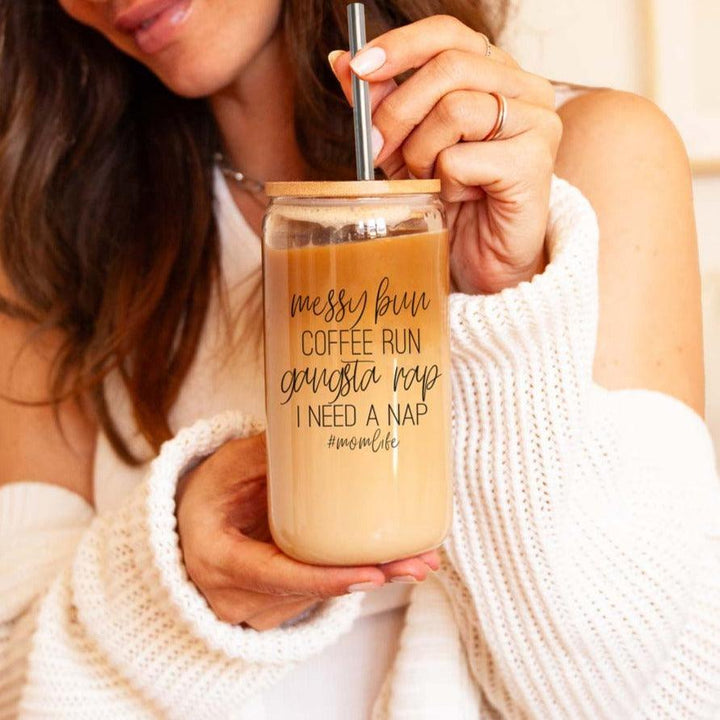 Messy Bun Glass Tumbler 17oz Bamboo Lid Straws Funny Mom Cheeky Gift for Friends