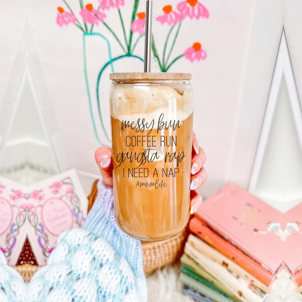 Messy Bun Glass Tumbler 17oz Bamboo Lid Straws Funny Mom Cheeky Gift for Friends