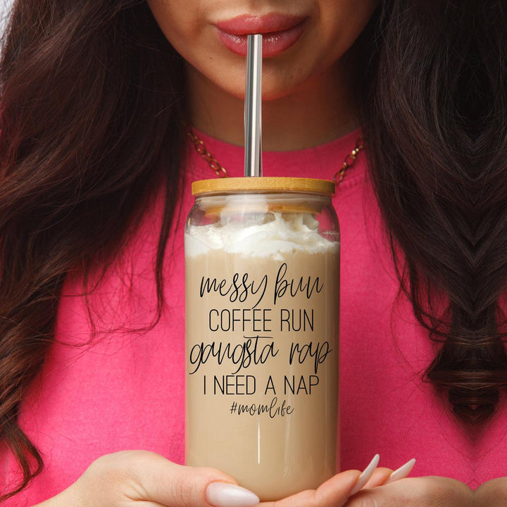 Messy Bun Glass Tumbler 17oz Bamboo Lid Straws Funny Mom Cheeky Gift for Friends