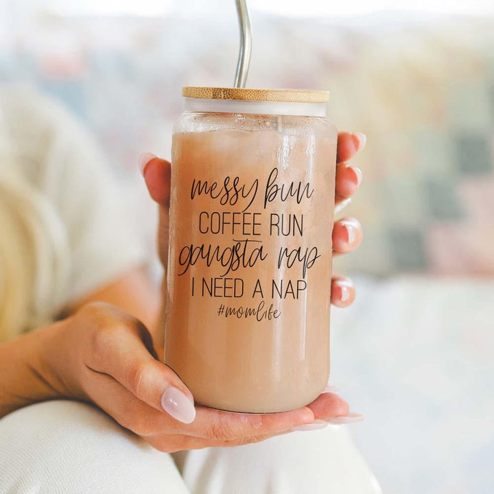 Messy Bun Glass Tumbler 17oz Bamboo Lid Straws Funny Mom Cheeky Gift for Friends