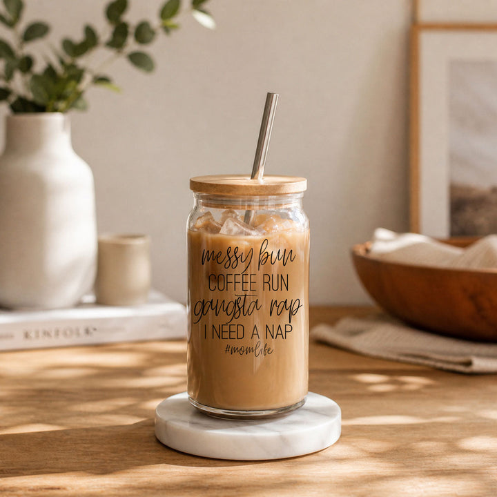 Messy Bun Glass Tumbler 17oz Bamboo Lid Straws Funny Mom Cheeky Gift for Friends