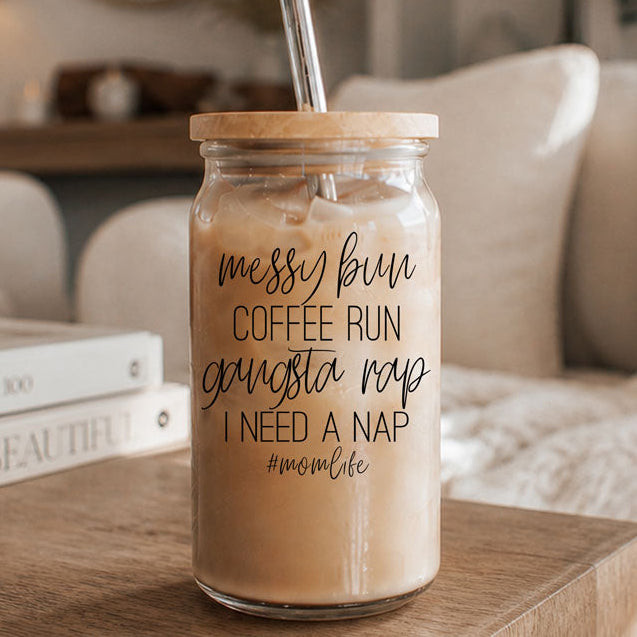 Messy Bun Glass Tumbler 17oz Bamboo Lid Straws Funny Mom Cheeky Gift for Friends