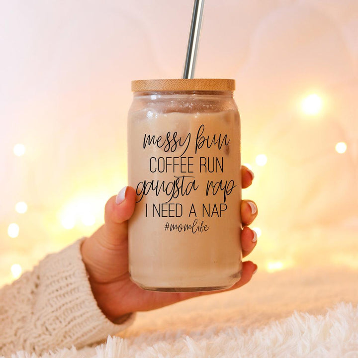 Messy Bun Glass Tumbler 17oz Bamboo Lid Straws Funny Mom Cheeky Gift for Friends