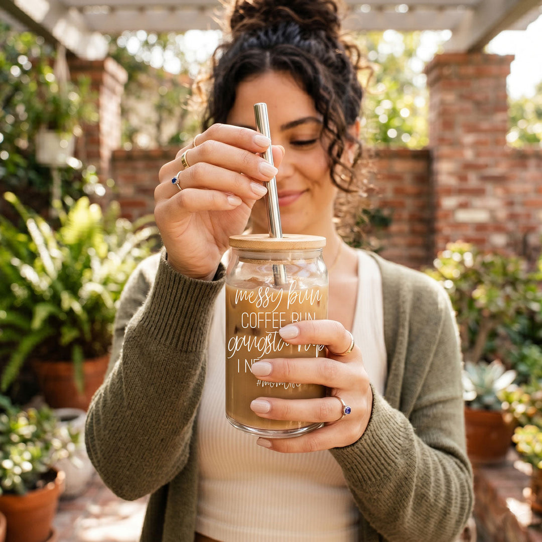 Messy Bun Glass Tumbler 17oz Bamboo Lid Straws Funny Mom Cheeky Gift for Friends