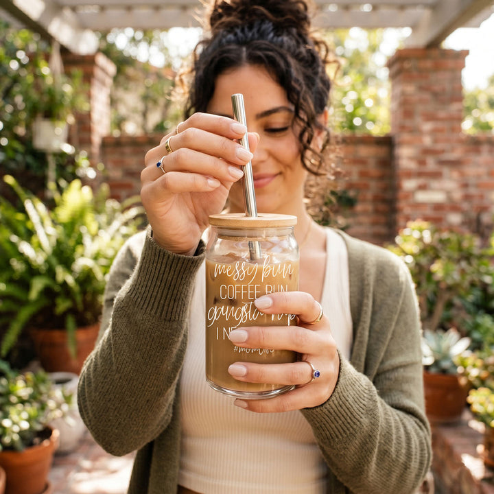 Messy Bun Glass Tumbler 17oz Bamboo Lid Straws Funny Mom Cheeky Gift for Friends