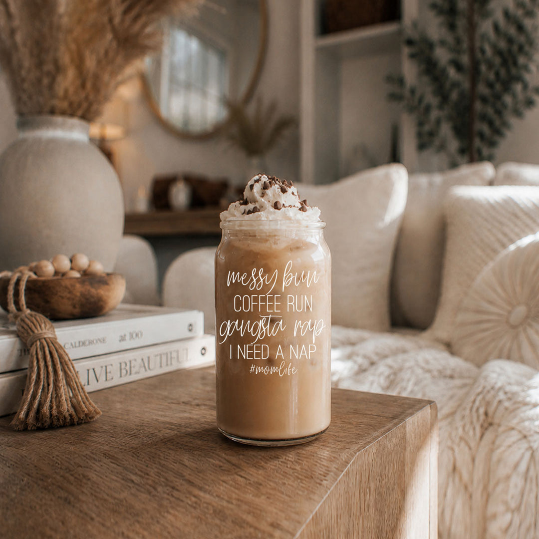Messy Bun Glass Tumbler 17oz Bamboo Lid Straws Funny Mom Cheeky Gift for Friends