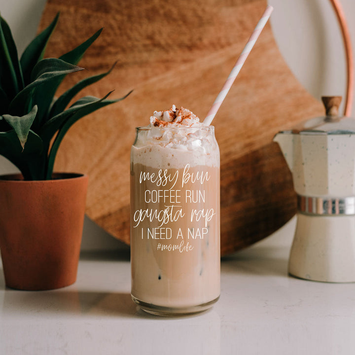 Messy Bun Glass Tumbler 17oz Bamboo Lid Straws Funny Mom Cheeky Gift for Friends