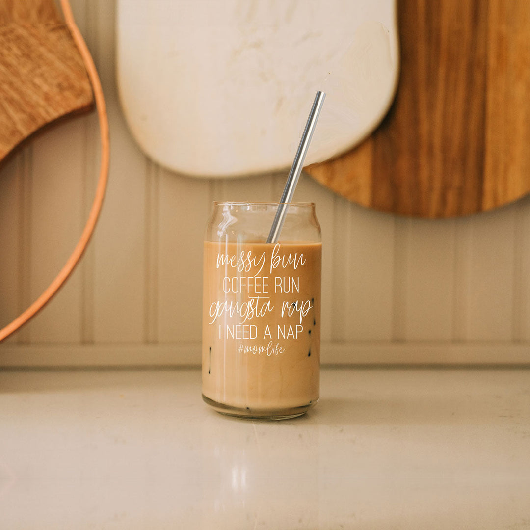 Messy Bun Glass Tumbler 17oz Bamboo Lid Straws Funny Mom Cheeky Gift for Friends