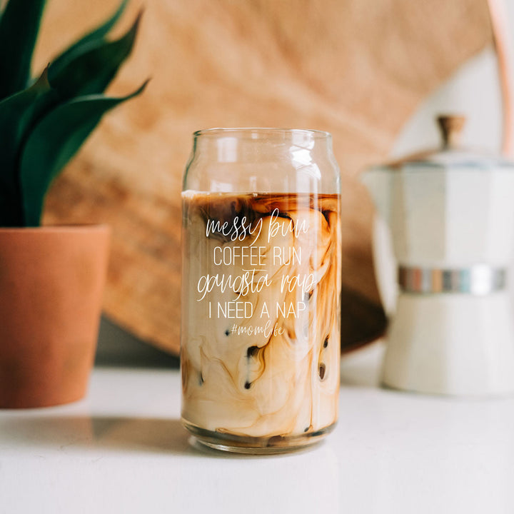Messy Bun Glass Tumbler 17oz Bamboo Lid Straws Funny Mom Cheeky Gift for Friends