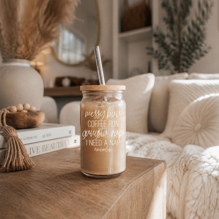 Messy Bun Glass Tumbler 17oz Bamboo Lid Straws Funny Mom Cheeky Gift for Friends