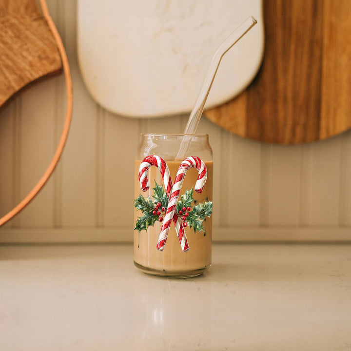 Candy Cane Holly Glass Tumbler 17oz Christmas Holiday Fun Gift for Coffee Lovers