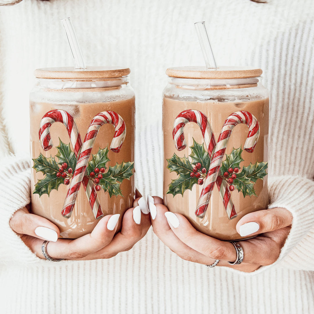 Candy Cane Holly Glass Tumbler 17oz Christmas Holiday Fun Gift for Coffee Lovers