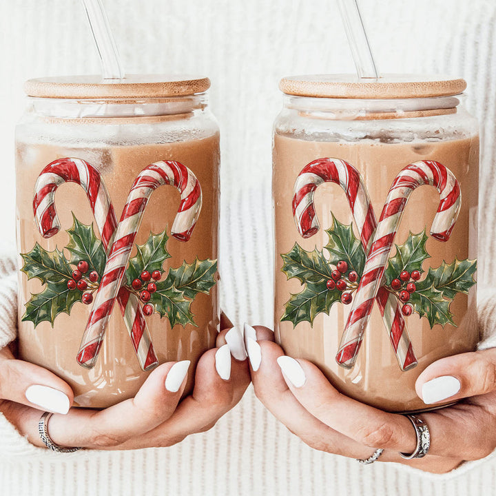 Candy Cane Holly Glass Tumbler 17oz Christmas Holiday Fun Gift for Coffee Lovers