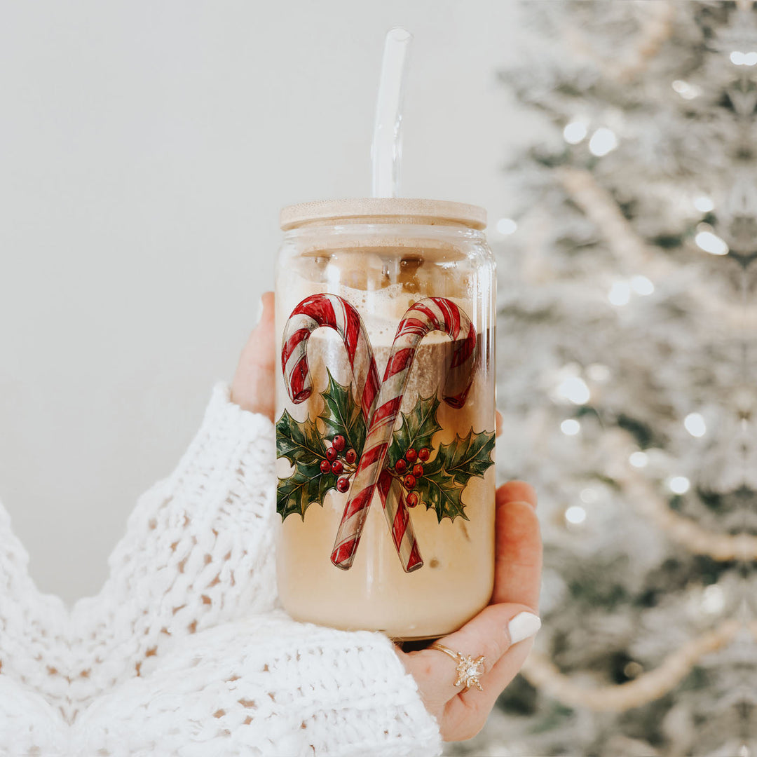 Candy Cane Holly Glass Tumbler 17oz Christmas Holiday Fun Gift for Coffee Lovers