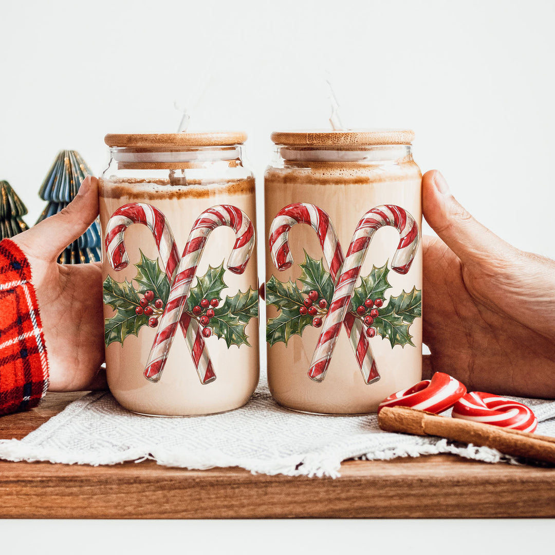 Candy Cane Holly Glass Tumbler 17oz Christmas Holiday Fun Gift for Coffee Lovers