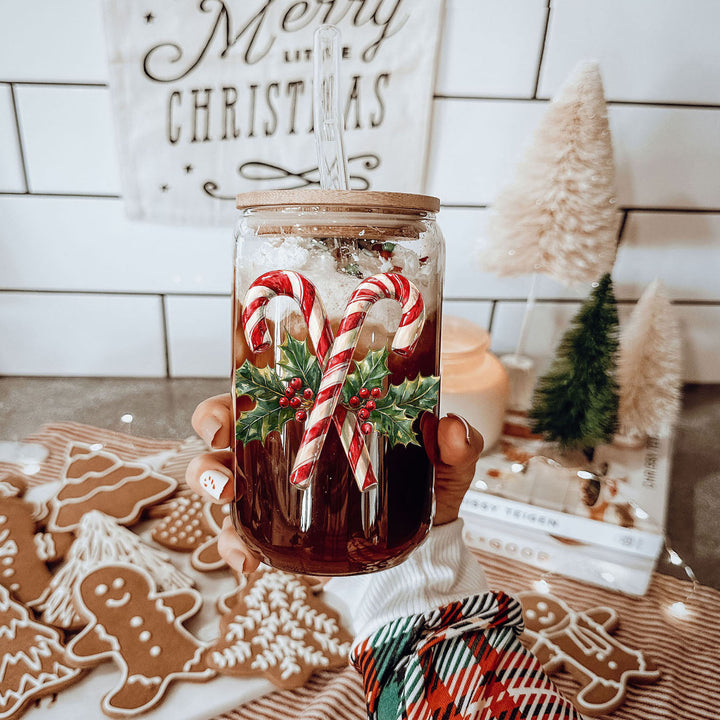 Candy Cane Holly Glass Tumbler 17oz Christmas Holiday Fun Gift for Coffee Lovers