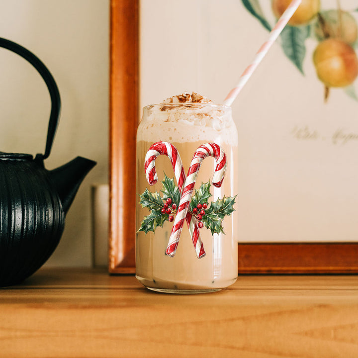Candy Cane Holly Glass Tumbler 17oz Christmas Holiday Fun Gift for Coffee Lovers