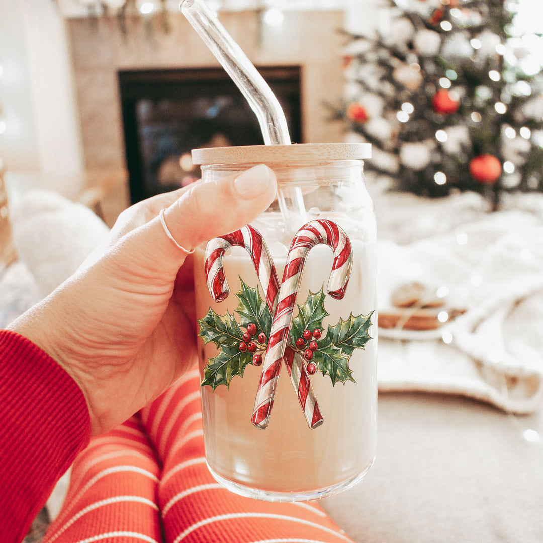 Candy Cane Holly Glass Tumbler 17oz Christmas Holiday Fun Gift for Coffee Lovers