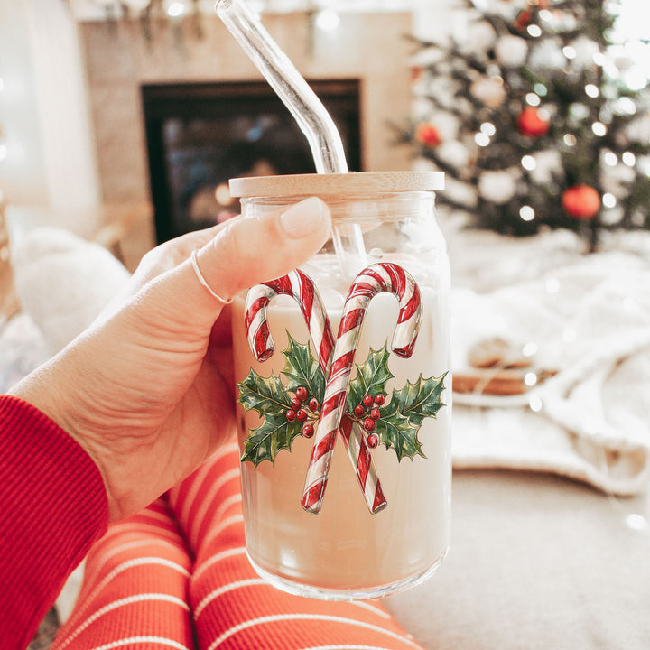 Candy Cane Holly Glass Tumbler 17oz Christmas Holiday Fun Gift for Coffee Lovers