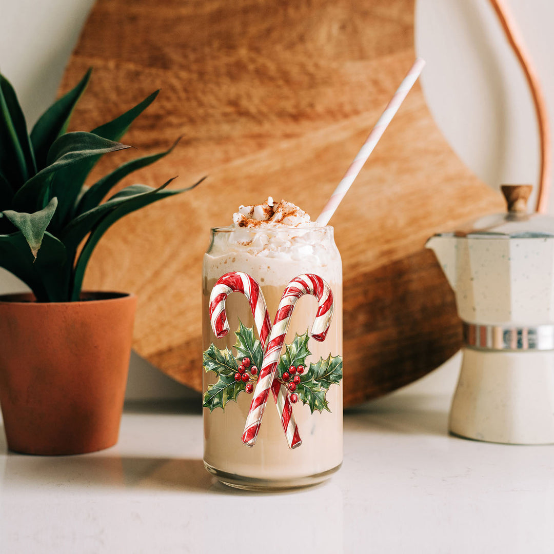 Candy Cane Holly Glass Tumbler 17oz Christmas Holiday Fun Gift for Coffee Lovers