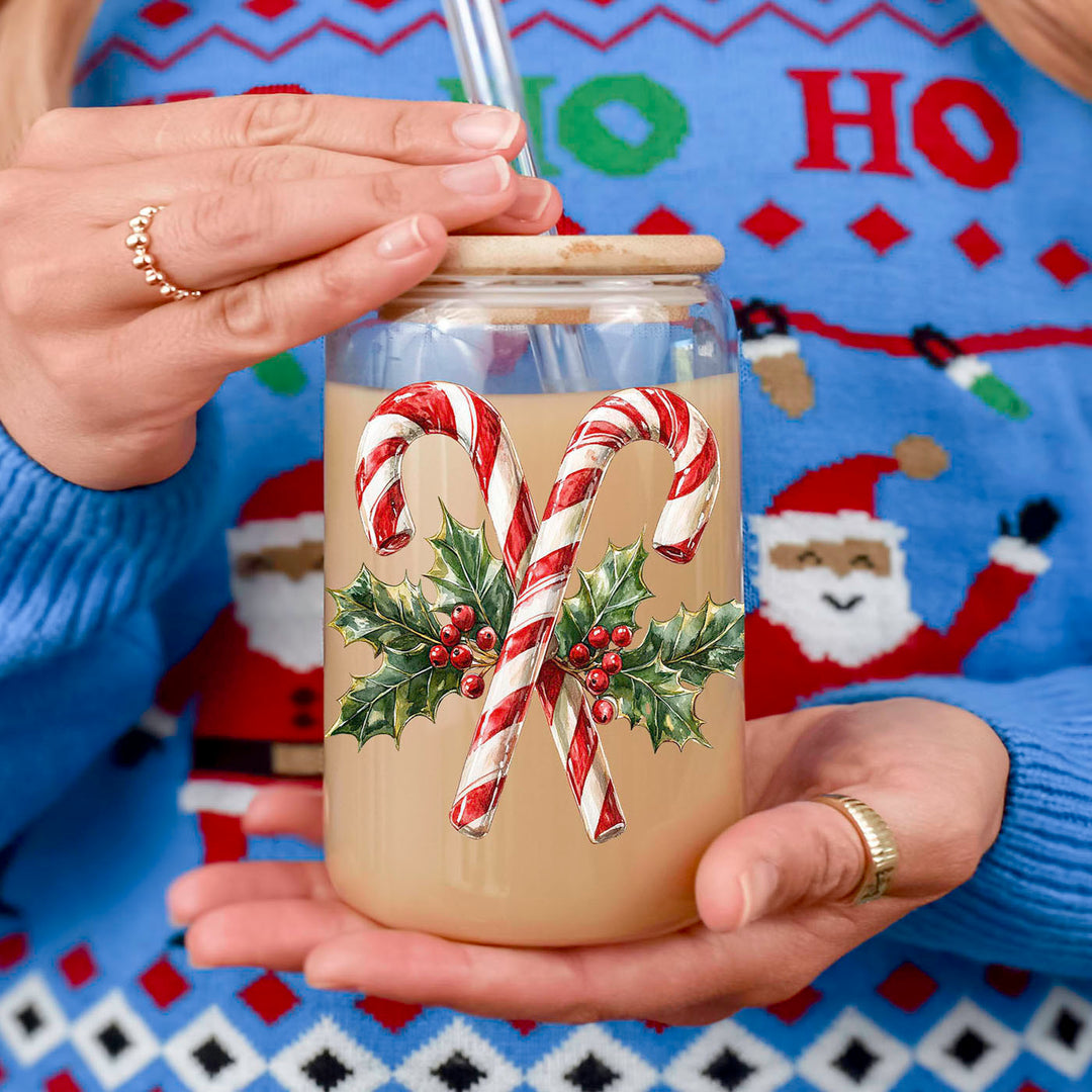 Candy Cane Holly Glass Tumbler 17oz Christmas Holiday Fun Gift for Coffee Lovers