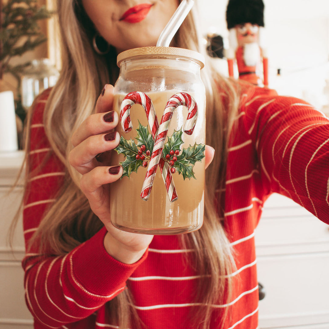 Candy Cane Holly Glass Tumbler 17oz Christmas Holiday Fun Gift for Coffee Lovers