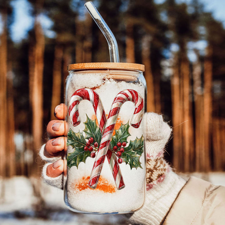 Candy Cane Holly Glass Tumbler 17oz Christmas Holiday Fun Gift for Coffee Lovers