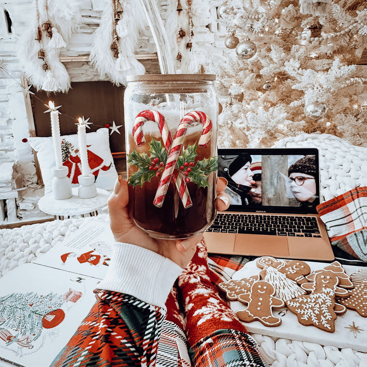 Candy Cane Holly Glass Tumbler 17oz Christmas Holiday Fun Gift for Coffee Lovers