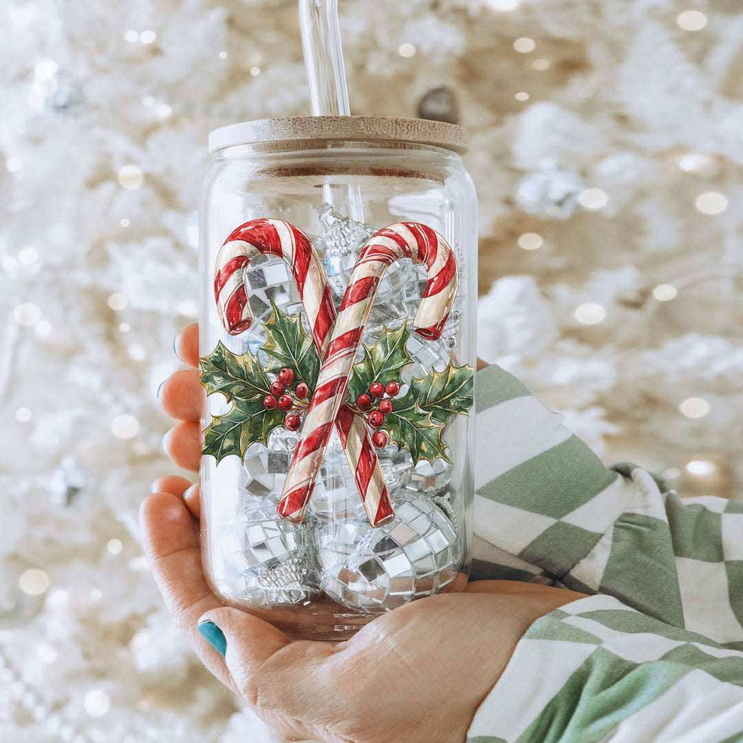 Candy Cane Holly Glass Tumbler 17oz Christmas Holiday Fun Gift for Coffee Lovers