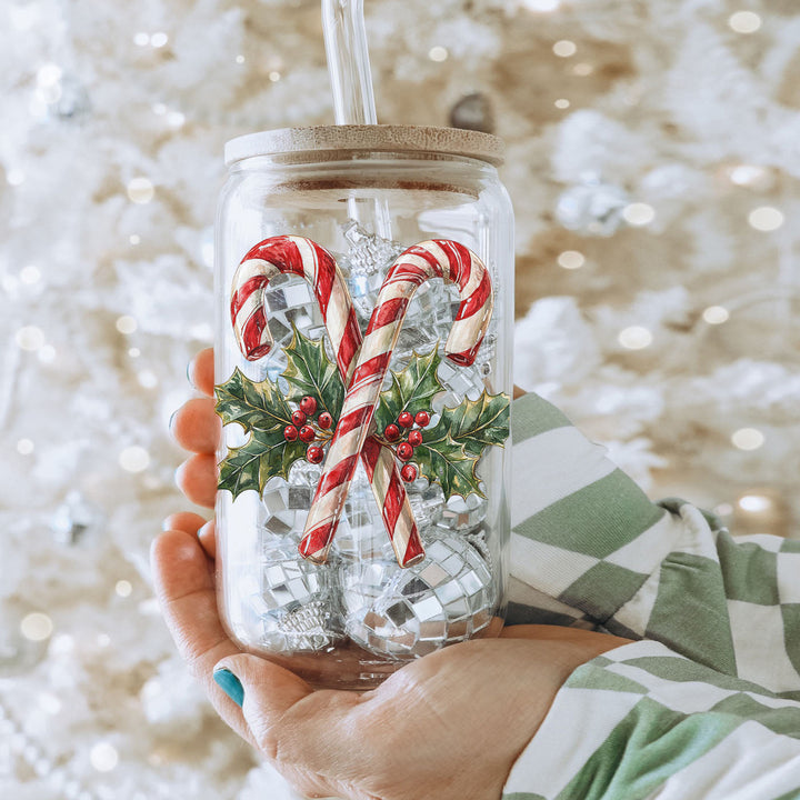 Candy Cane Holly Glass Tumbler 17oz Christmas Holiday Fun Gift for Coffee Lovers