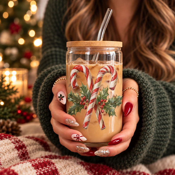 Candy Cane Holly Glass Tumbler 17oz Christmas Holiday Fun Gift for Coffee Lovers