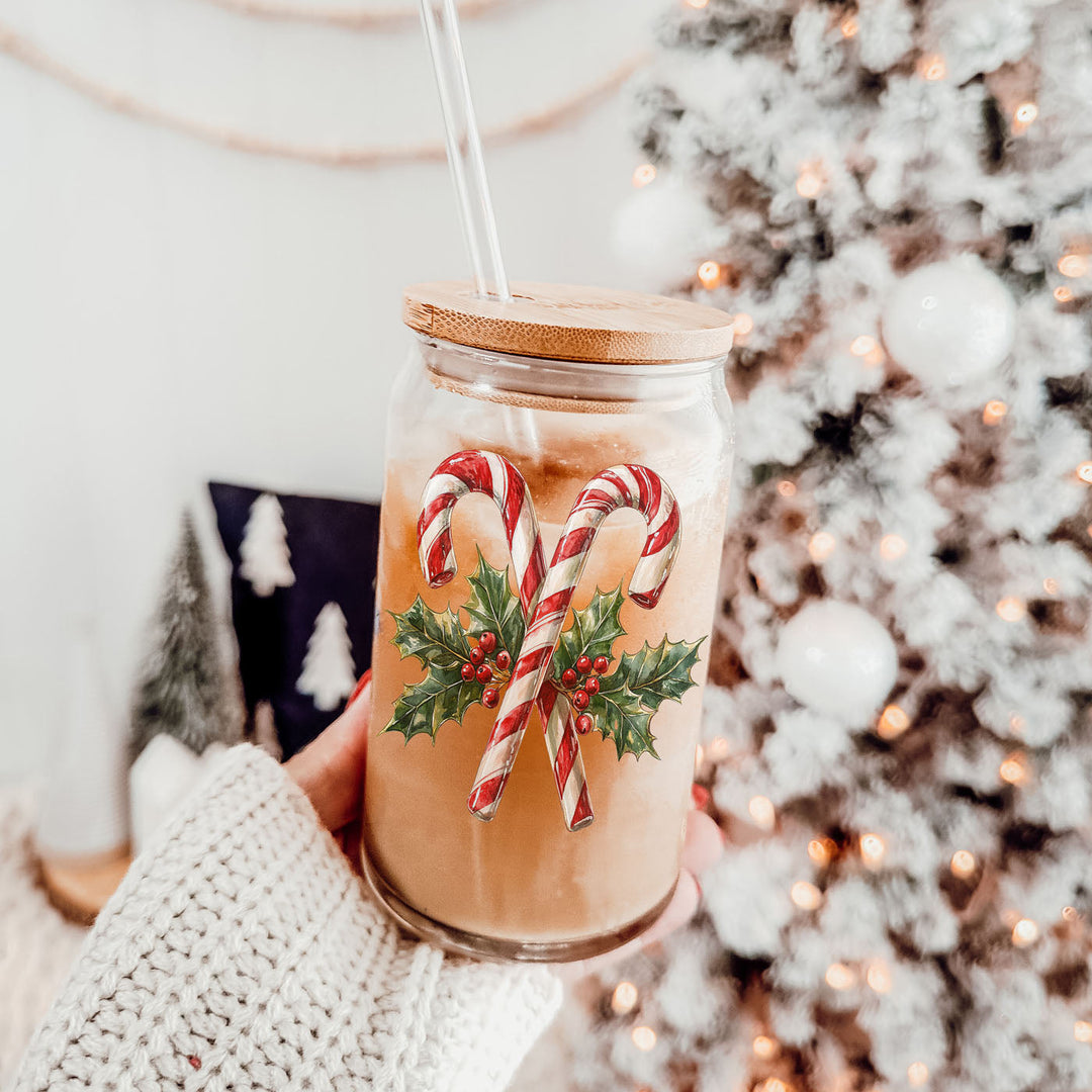 Candy Cane Holly Glass Tumbler 17oz Christmas Holiday Fun Gift for Coffee Lovers