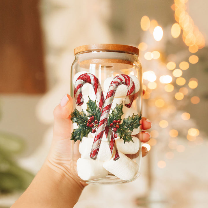Candy Cane Holly Glass Tumbler 17oz Christmas Holiday Fun Gift for Coffee Lovers