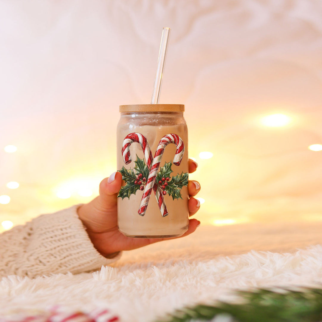 Candy Cane Holly Glass Tumbler 17oz Christmas Holiday Fun Gift for Coffee Lovers