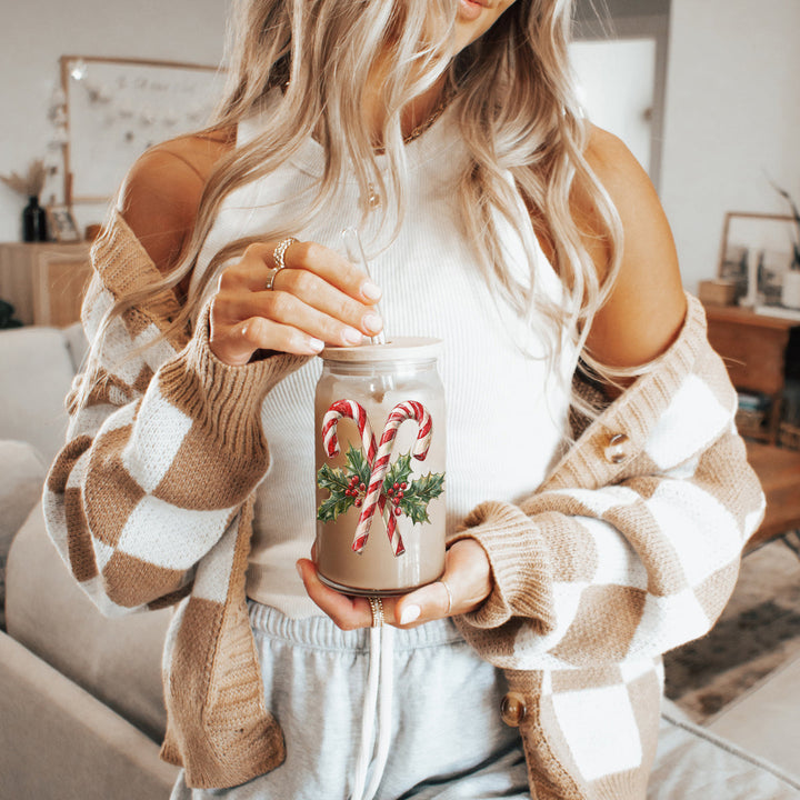 Candy Cane Holly Glass Tumbler 17oz Christmas Holiday Fun Gift for Coffee Lovers