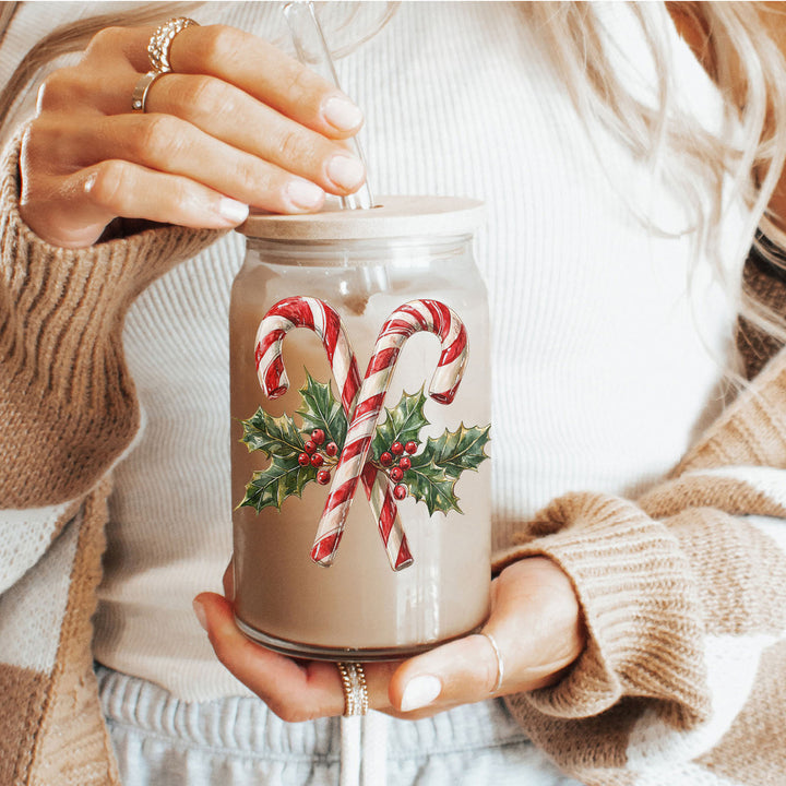 Candy Cane Holly Glass Tumbler 17oz Christmas Holiday Fun Gift for Coffee Lovers