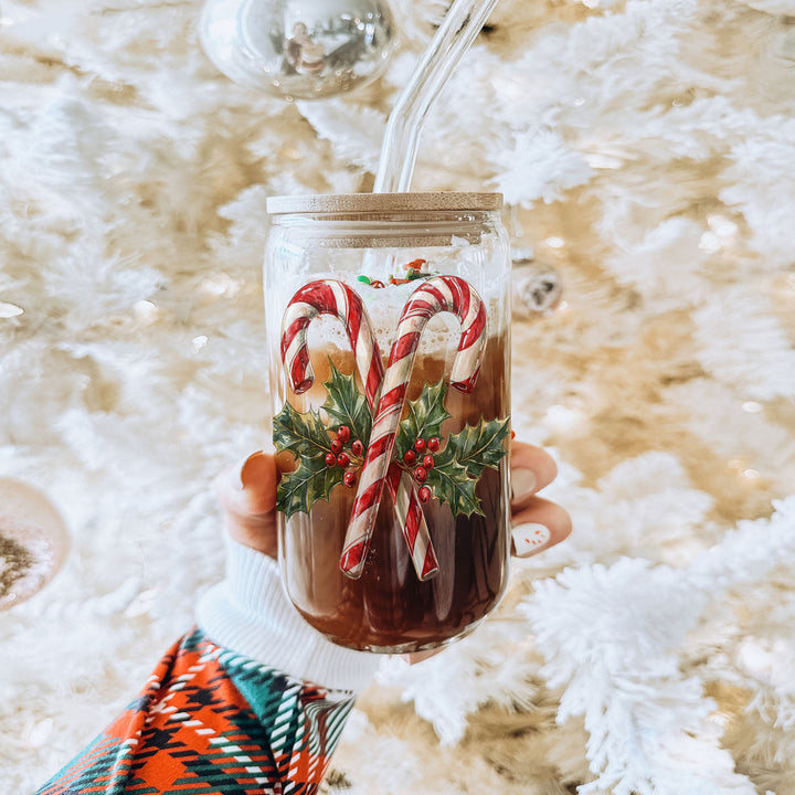 Candy Cane Holly Glass Tumbler 17oz Christmas Holiday Fun Gift for Coffee Lovers