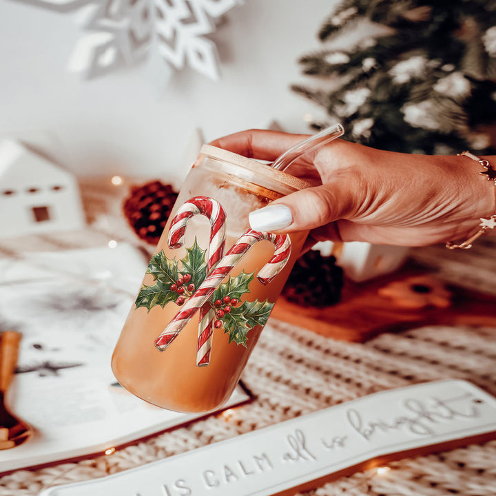 Candy Cane Holly Glass Tumbler 17oz Christmas Holiday Fun Gift for Coffee Lovers