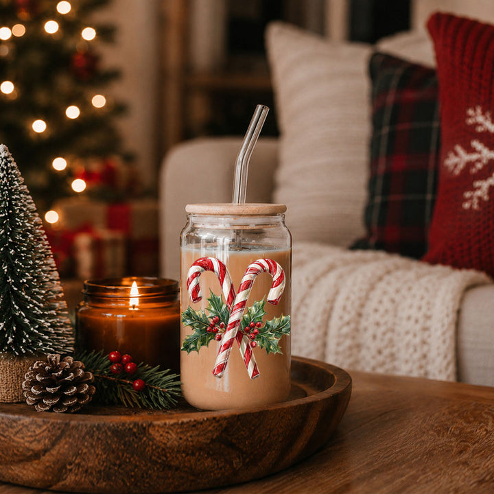 Candy Cane Holly Glass Tumbler 17oz Christmas Holiday Fun Gift for Coffee Lovers