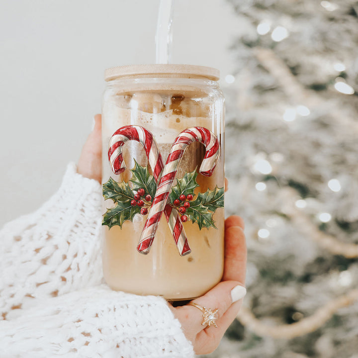 Candy Cane Holly Glass Tumbler 17oz Christmas Holiday Fun Gift for Coffee Lovers