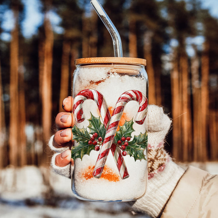 Candy Cane Holly Glass Tumbler 17oz Christmas Holiday Fun Gift for Coffee Lovers