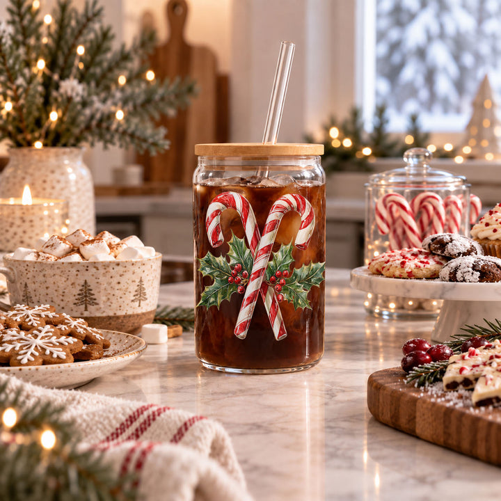 Candy Cane Holly Glass Tumbler 17oz Christmas Holiday Fun Gift for Coffee Lovers