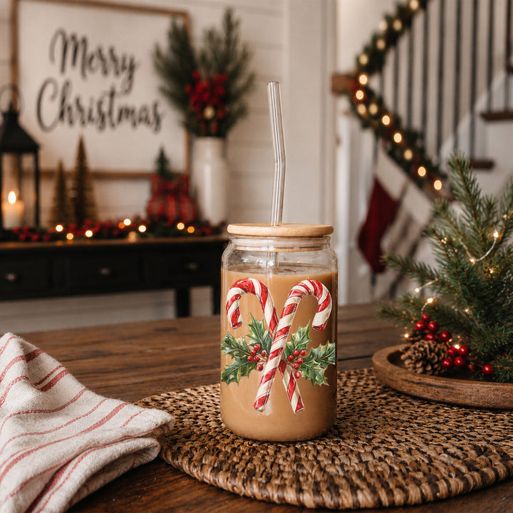 Candy Cane Holly Glass Tumbler 17oz Christmas Holiday Fun Gift for Coffee Lovers