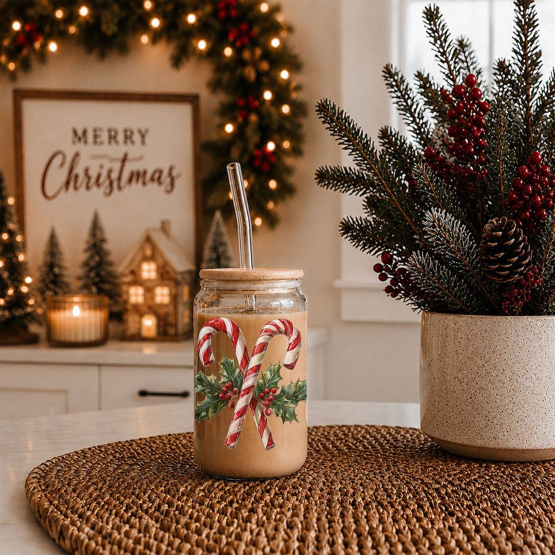 Candy Cane Holly Glass Tumbler 17oz Christmas Holiday Fun Gift for Coffee Lovers