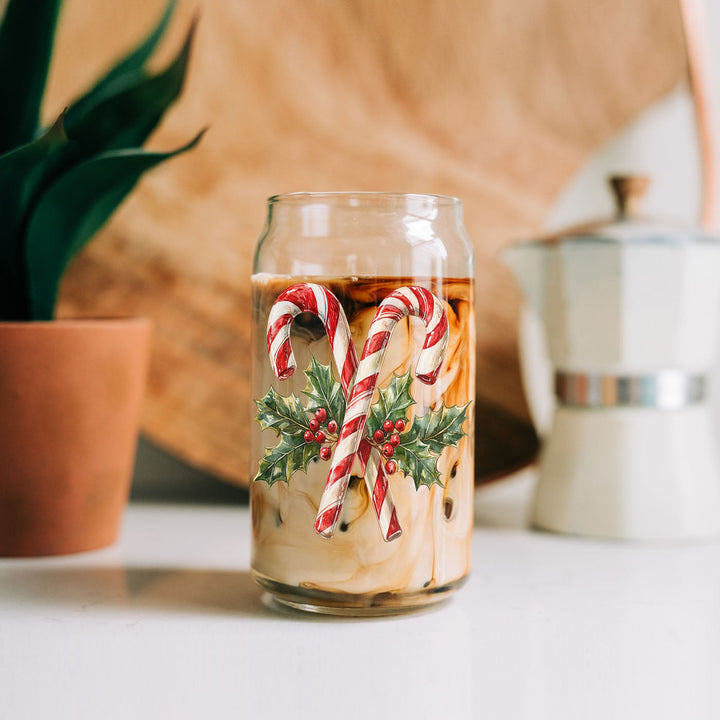 Candy Cane Holly Glass Tumbler 17oz Christmas Holiday Fun Gift for Coffee Lovers