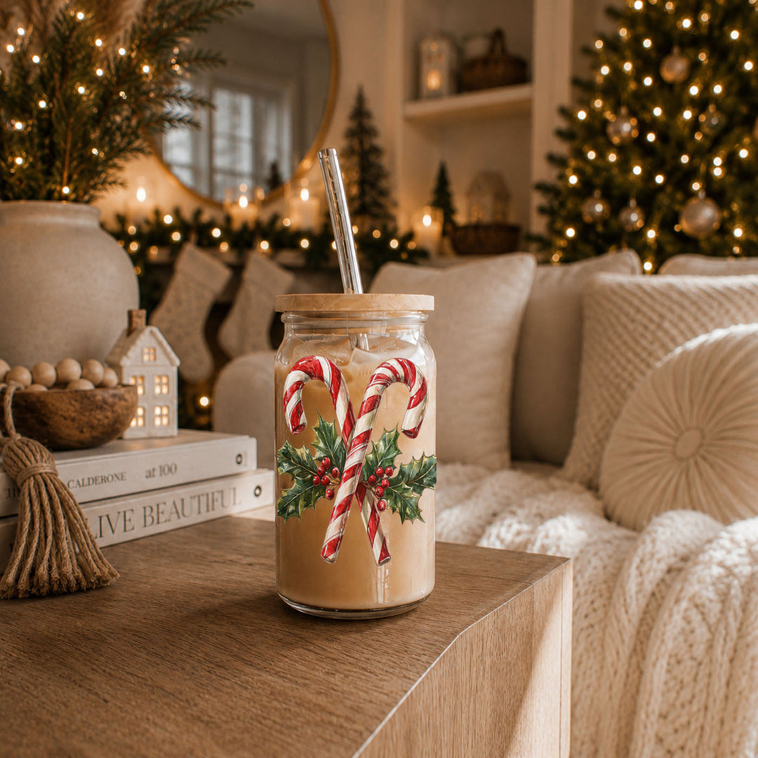 Candy Cane Holly Glass Tumbler 17oz Christmas Holiday Fun Gift for Coffee Lovers