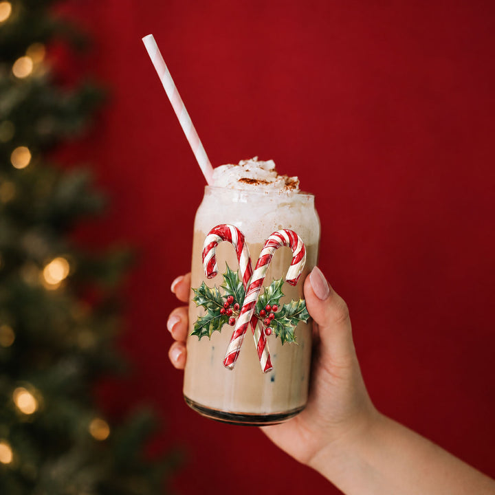 Candy Cane Holly Glass Tumbler 17oz Christmas Holiday Fun Gift for Coffee Lovers
